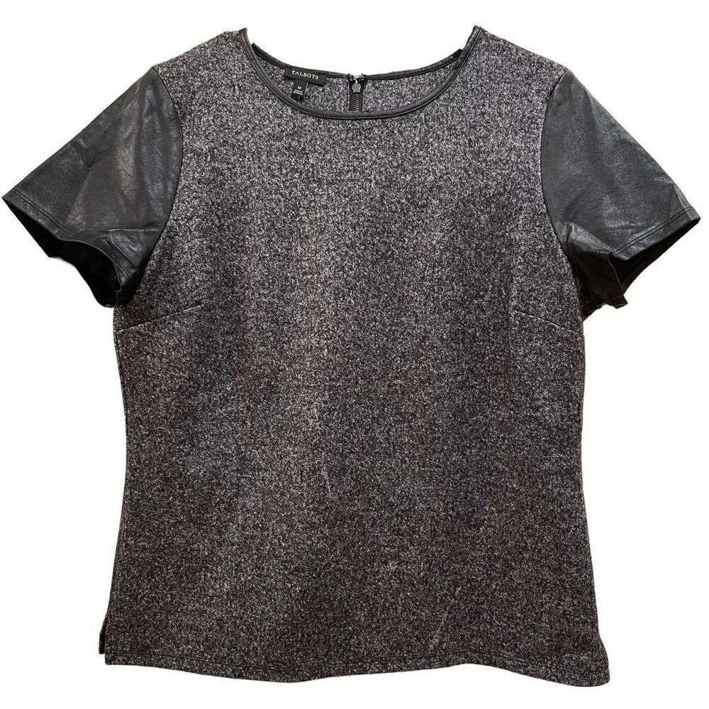 Talbots Blouse Womens M Wool Top Static Gray Black Faux Leather Sleeves Collar